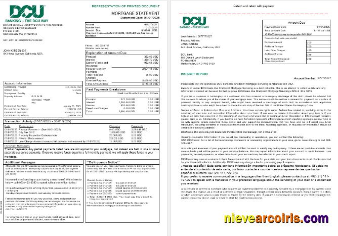 USA Massachusetts Digital Federal Credit Union (DCU) bank mortgage statement, 3 pages 1-2